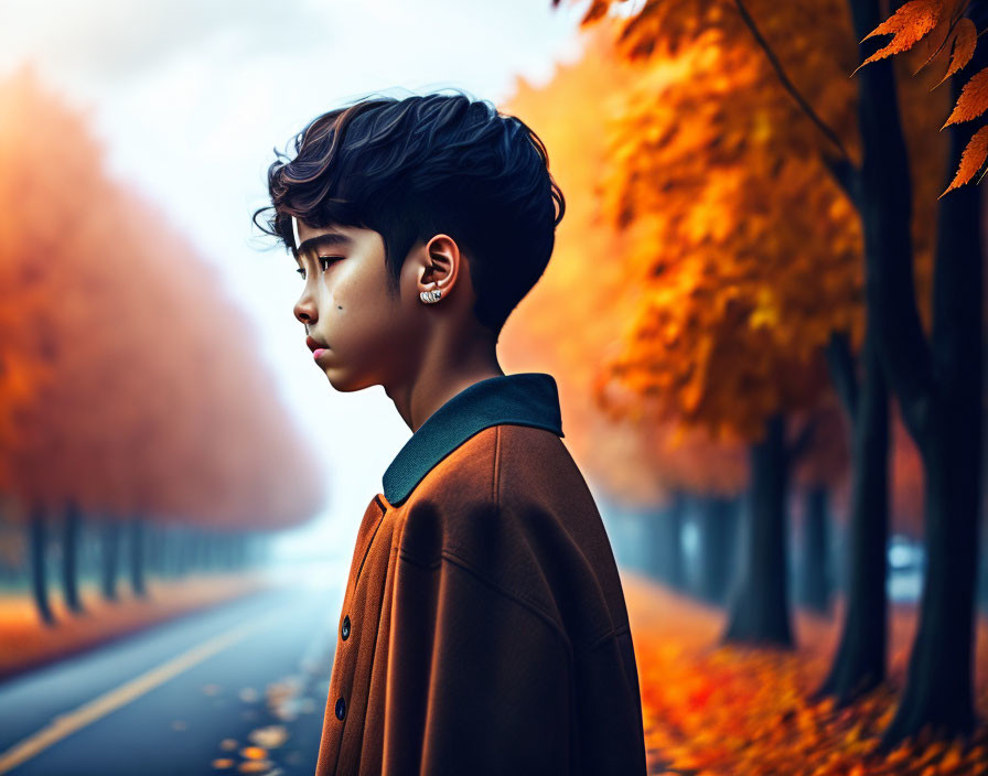 Young person in brown coat by autumn tree-lined road