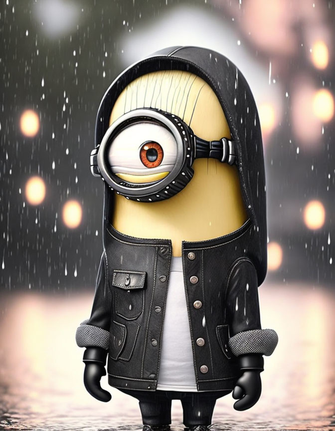 Cartoon character in leather jacket with goggle on rainy backdrop