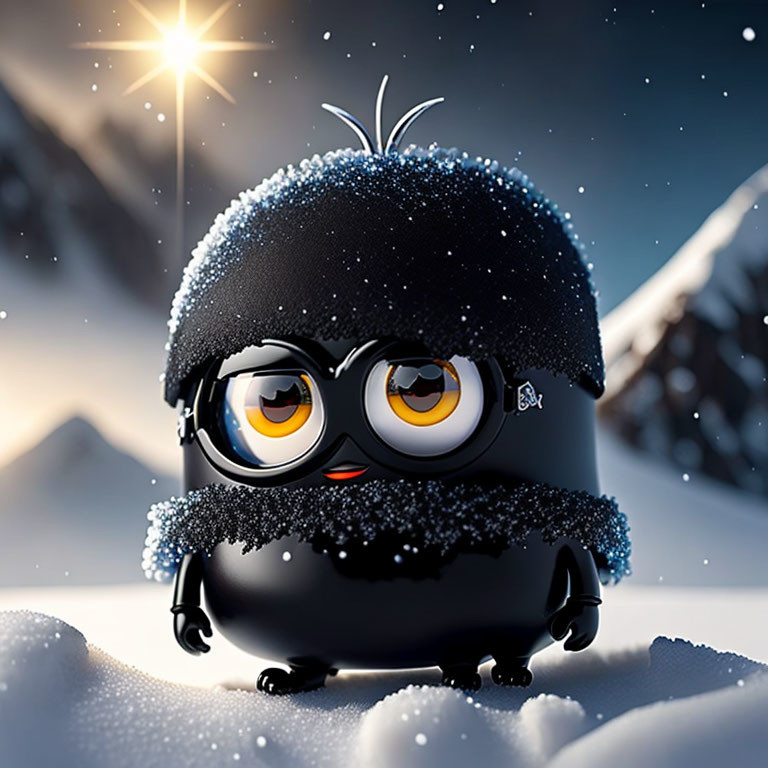 Cartoon penguin with big eyes in snowy landscape