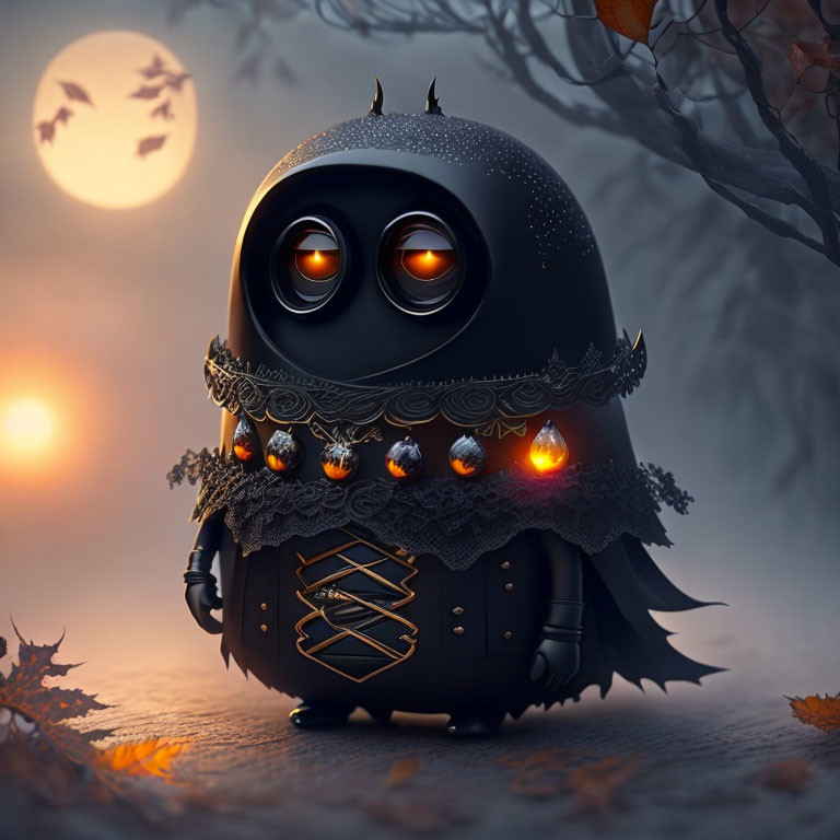 Gothic robotic figure with glowing eyes and pumpkins under full moon