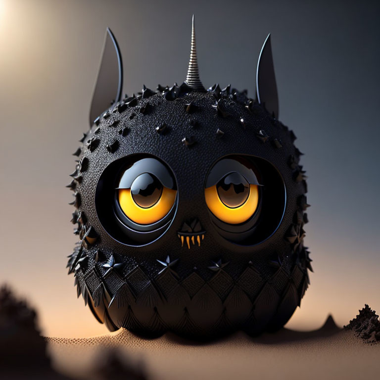 Round black creature with yellow eyes and spiky textures - Gothic cartoonish design