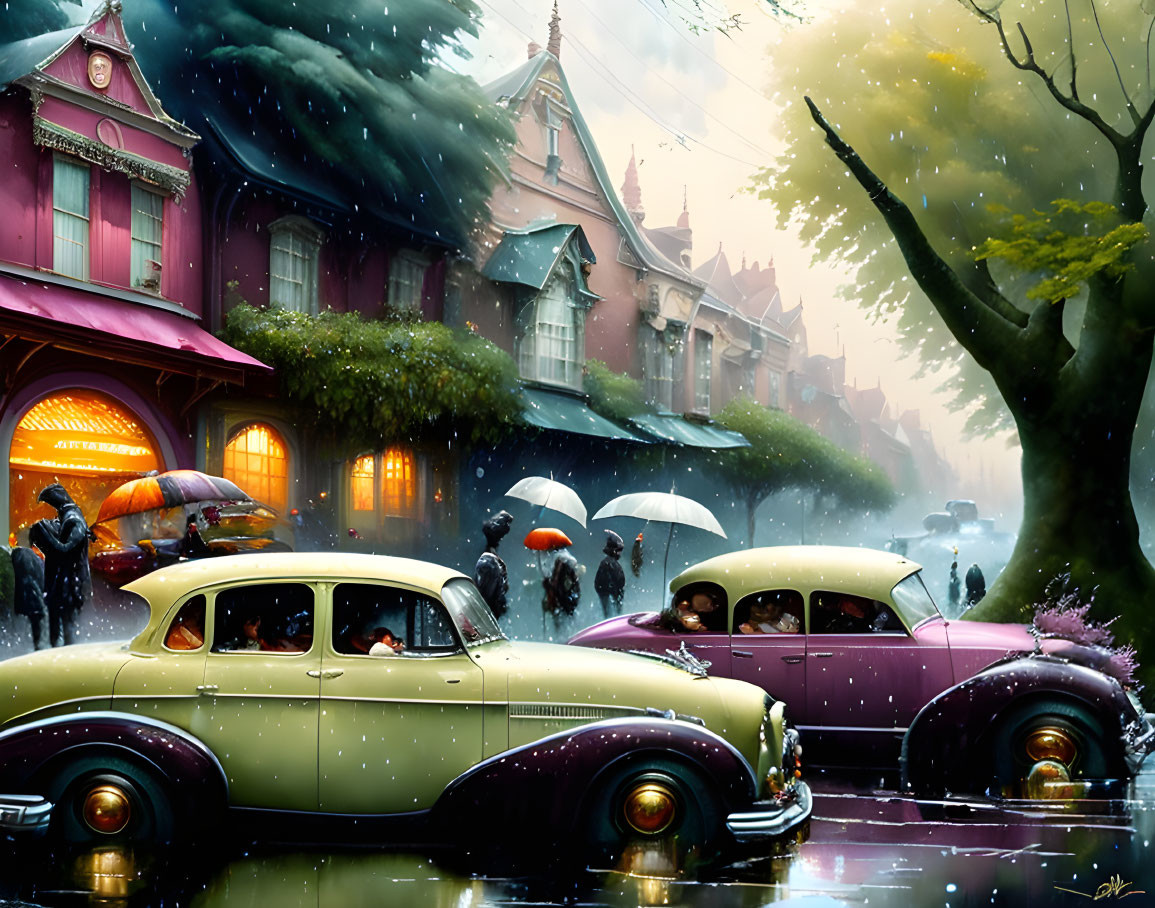 City street scene with people under umbrellas, vintage cars, colorful buildings, and autumn trees