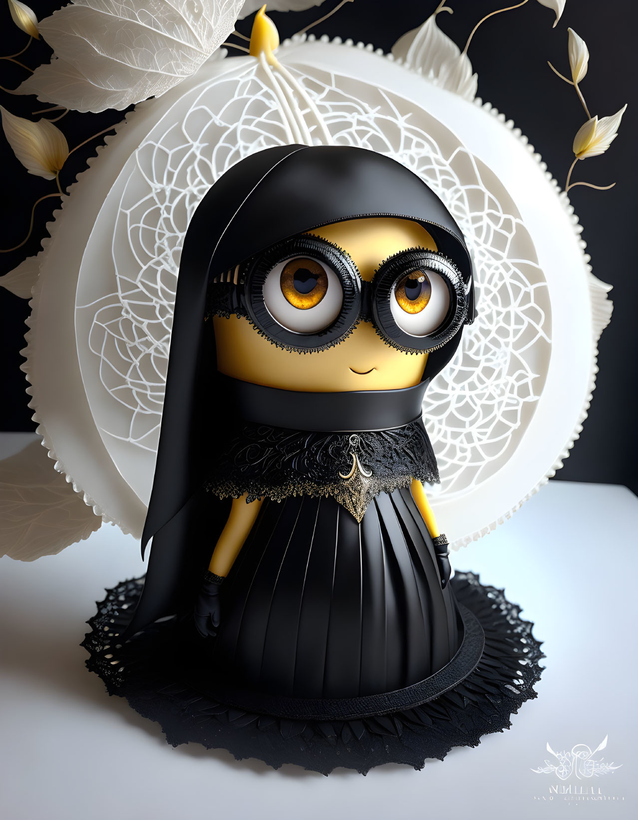 Black Gothic Attire Minion Figure on White Lace Background