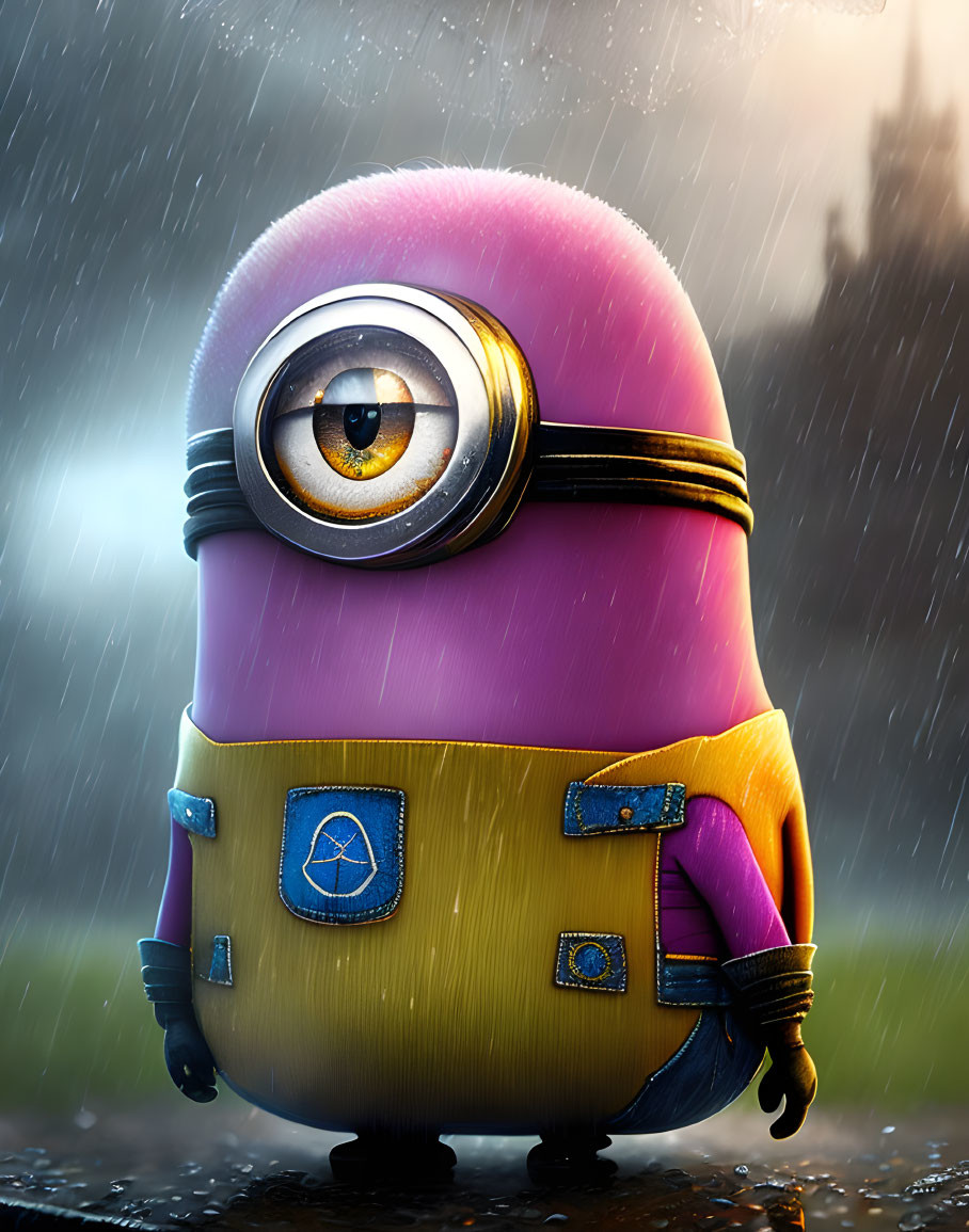 One-eyed minion character in overalls and goggle standing in rain