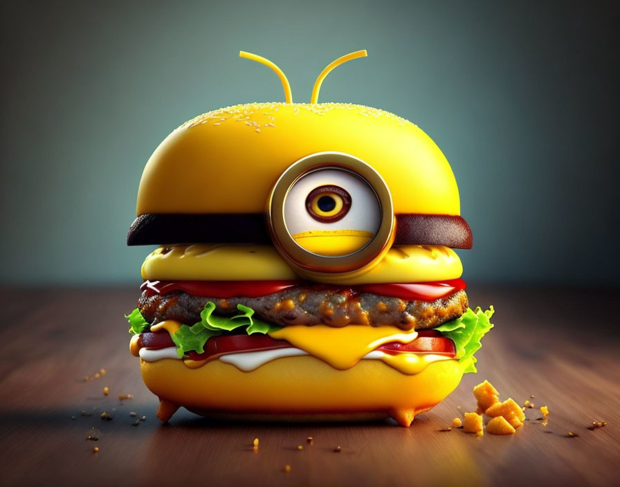 Minion-themed hamburger design with one eye and goggles