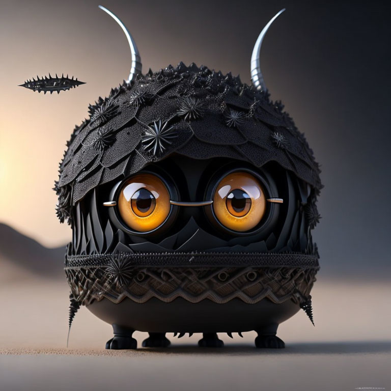 Animated creature with large orange eyes, spiked fur, horns, tribal art patterns