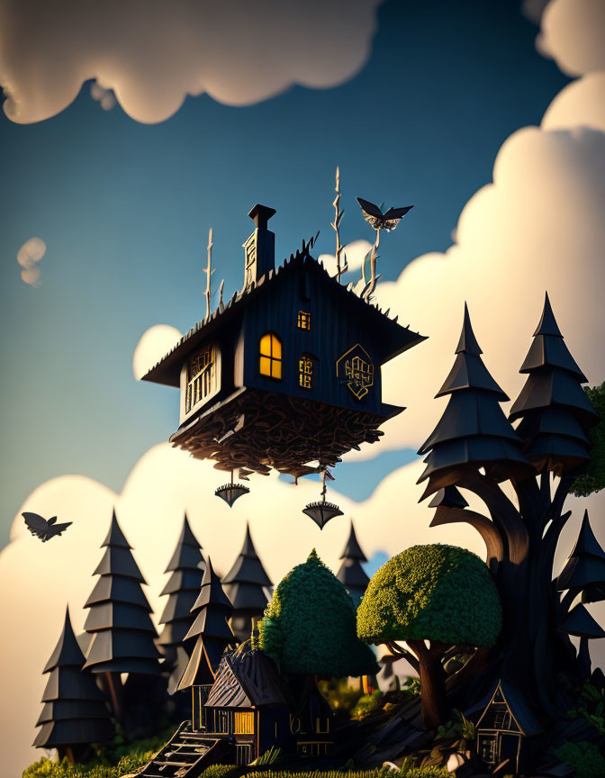 Floating house with glowing windows over whimsical forest at dusk