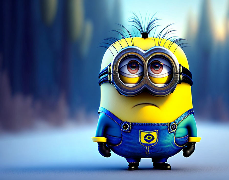 Animated minion in glasses and overalls with sad expression in forest.