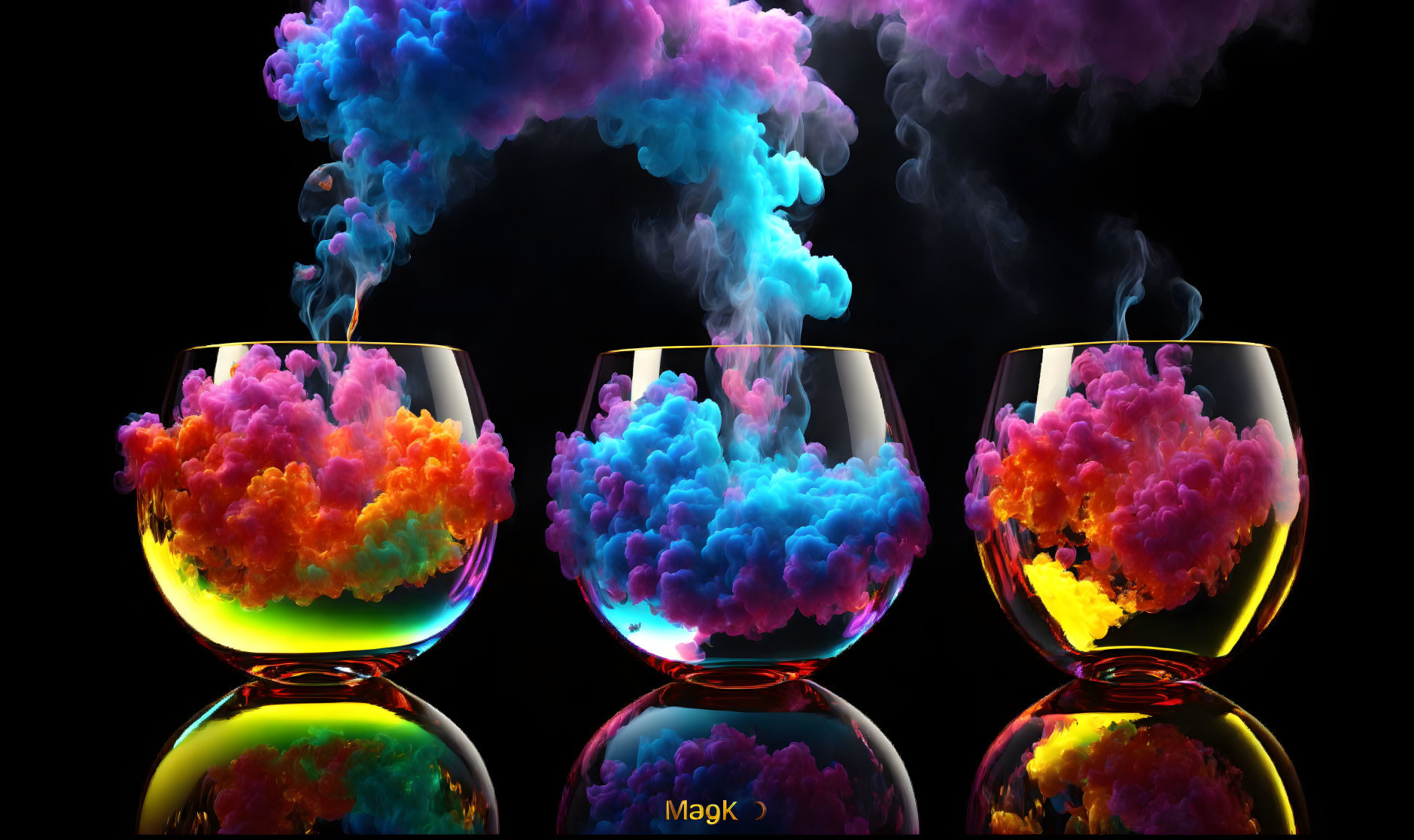 Vibrant colored smoke swirls in glass bowls