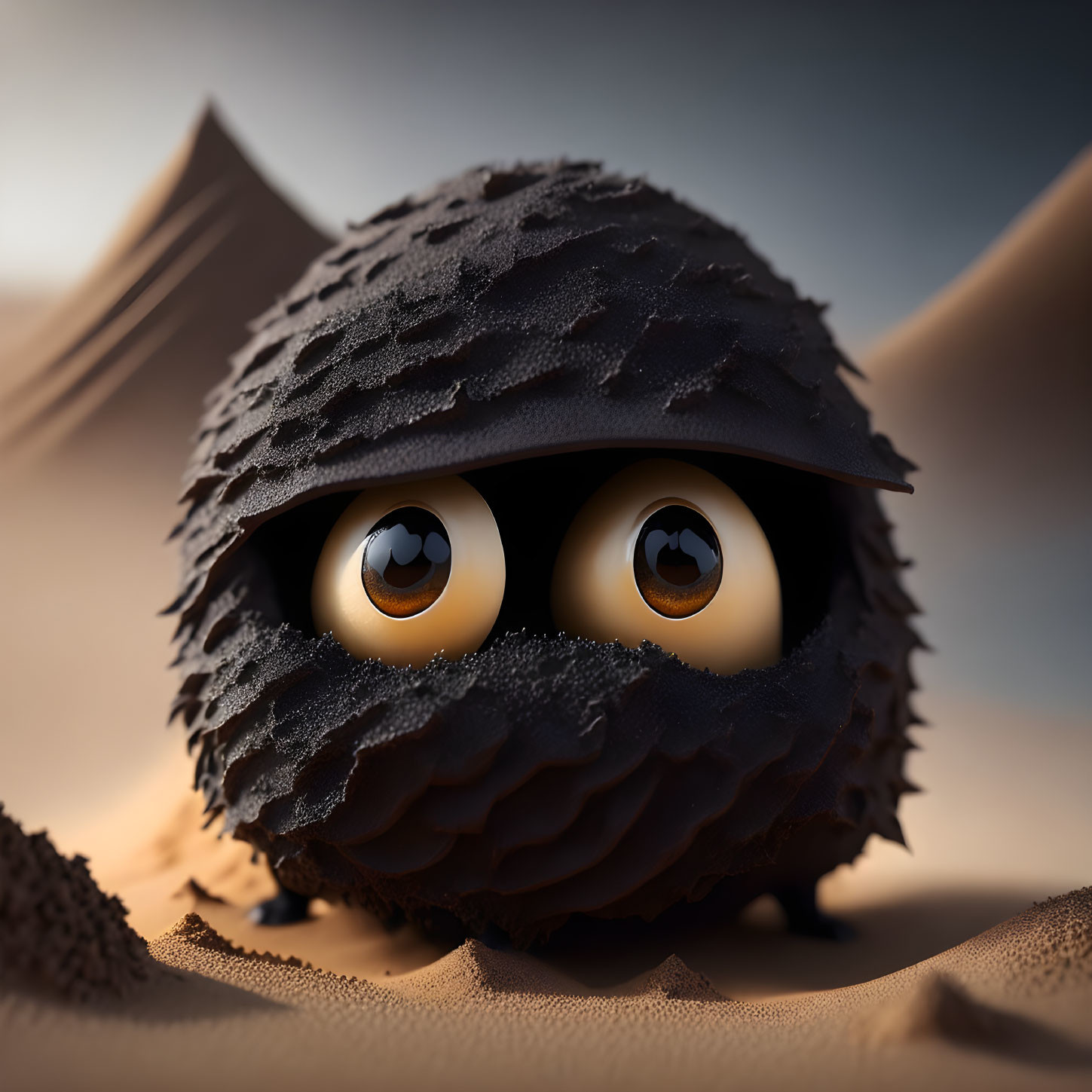 Round, textured animated character with large eyes in desert setting