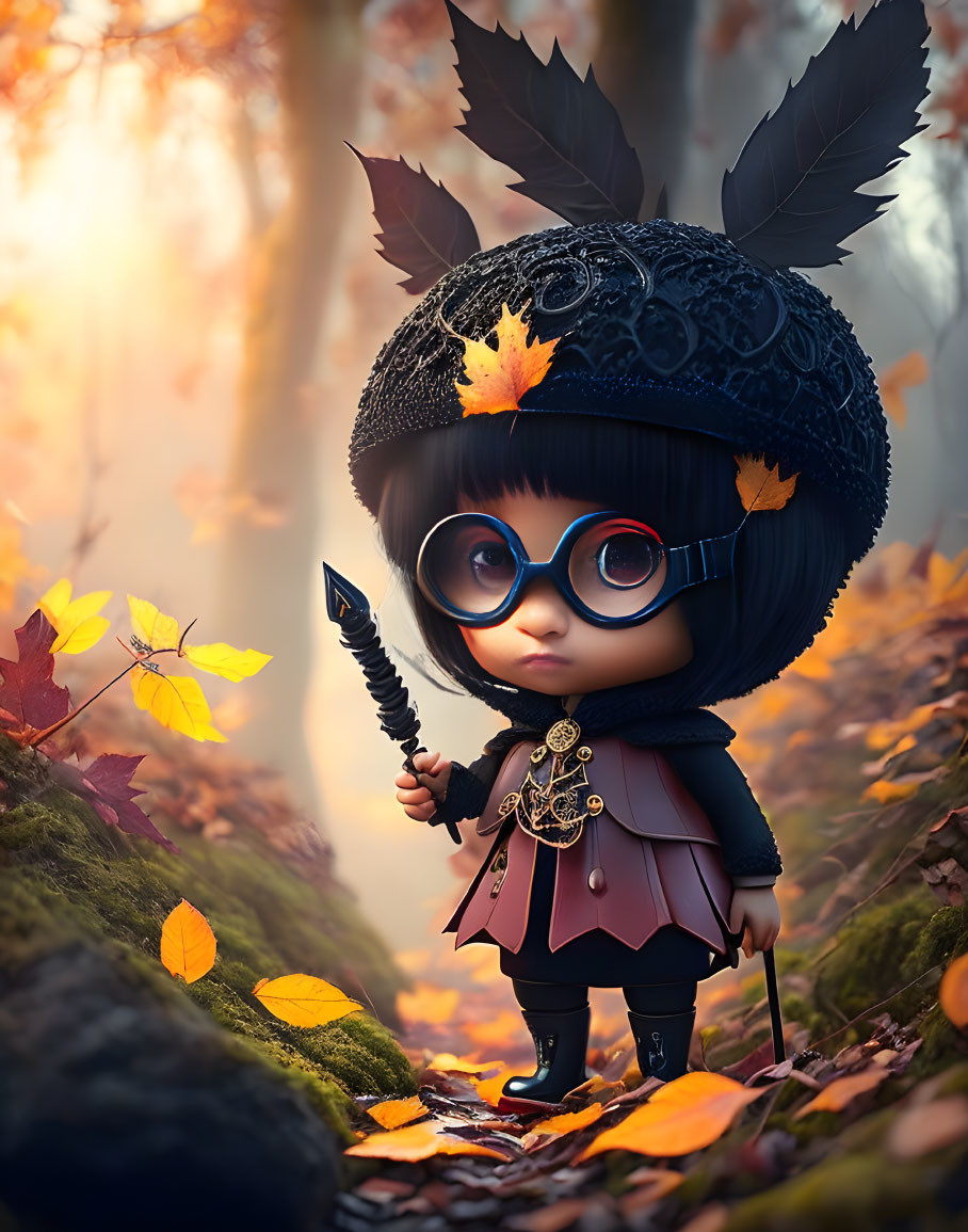 Animated character in black outfit with large glasses holding spear in autumn forest.