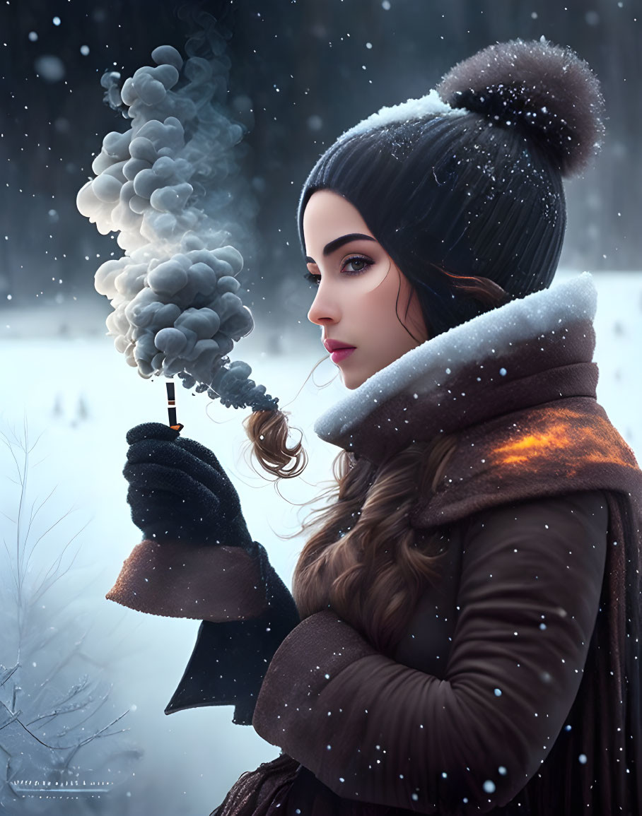 Woman in Winter Clothing Holding Steaming Cup in Snowy Landscape