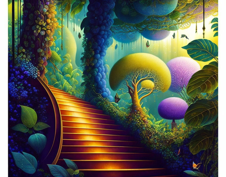 Fantastical forest illustration with golden staircase and colorful trees