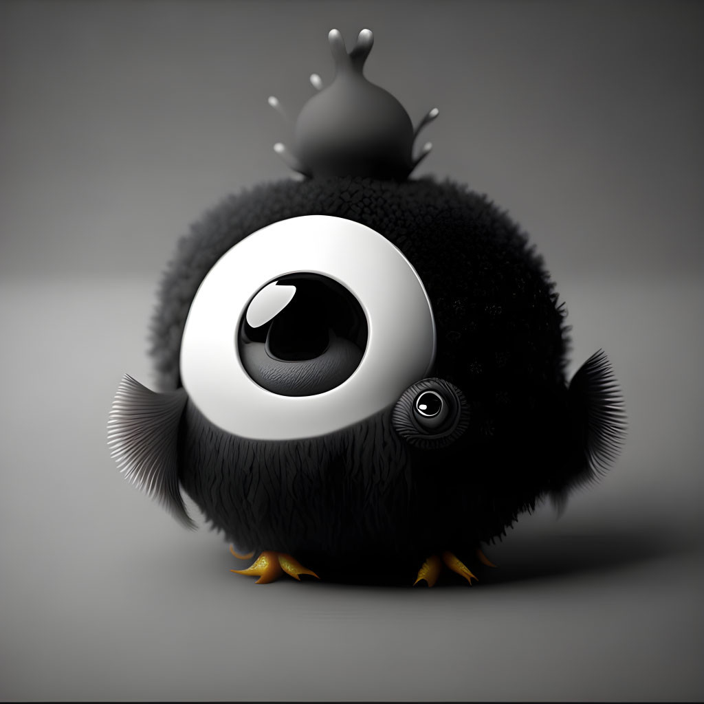 Adorable animated creature with large eye and crown on gray background