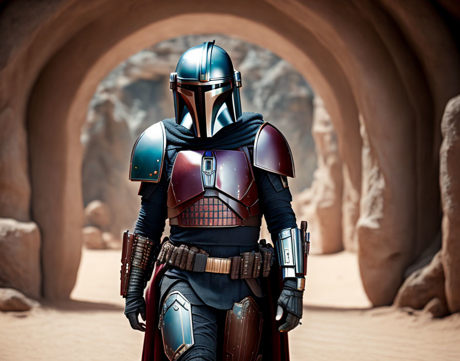 Futuristic Mandalorian armor with helmet and cape in sandy landscape