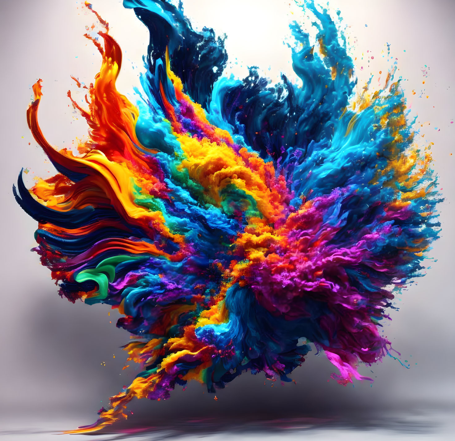 Colorful paint splashes create dynamic abstract art on gray backdrop