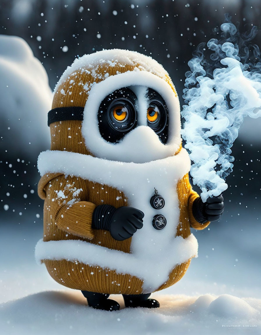 Animated penguin in winter jacket exhales cold air in snowy scene