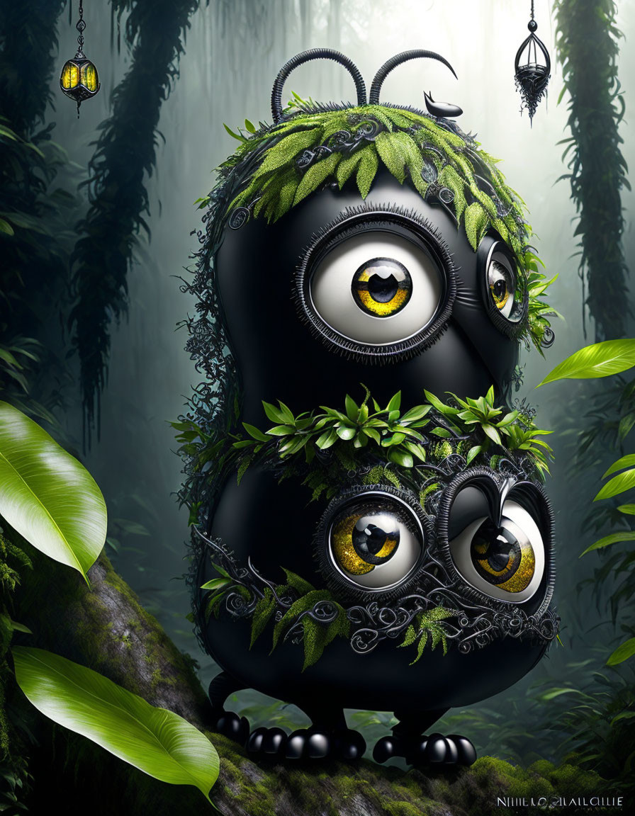 Whimsical forest creature with expressive eyes and lantern in lush green setting