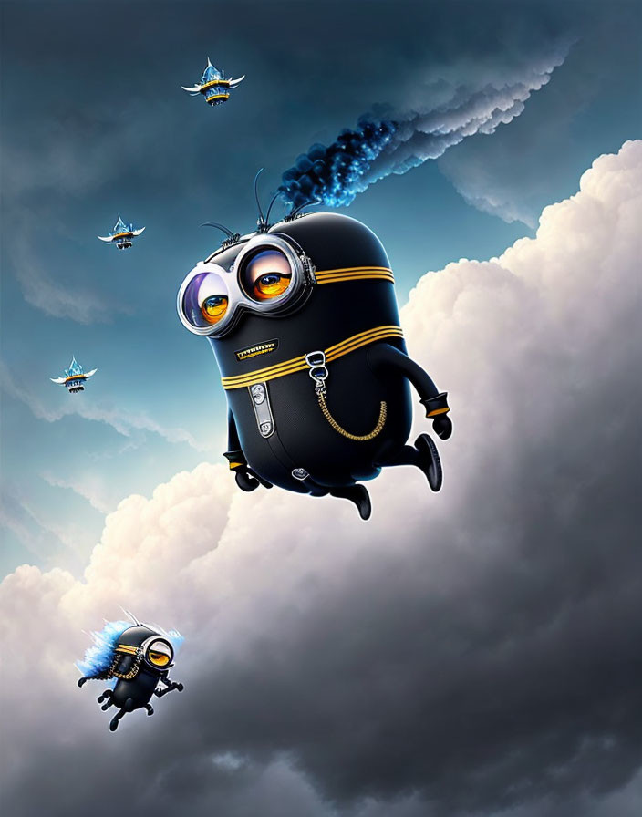 Jetpack-wearing minion flies with smaller minions in stormy sky