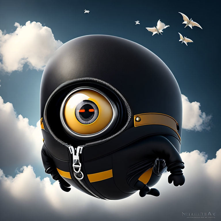 Minion character in black and gold space suit against blue sky