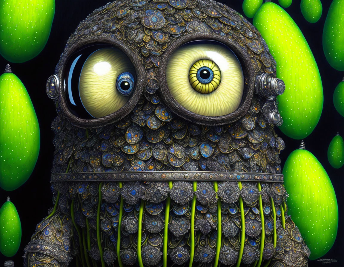 Colorful Artwork: Creature with Large Yellow Eyes and Ornate Patterns