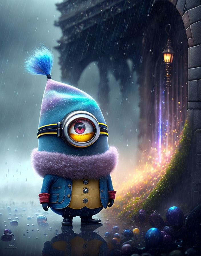 Animated minion in winter hat and coat standing in rain on cobblestone street with glowing orbs