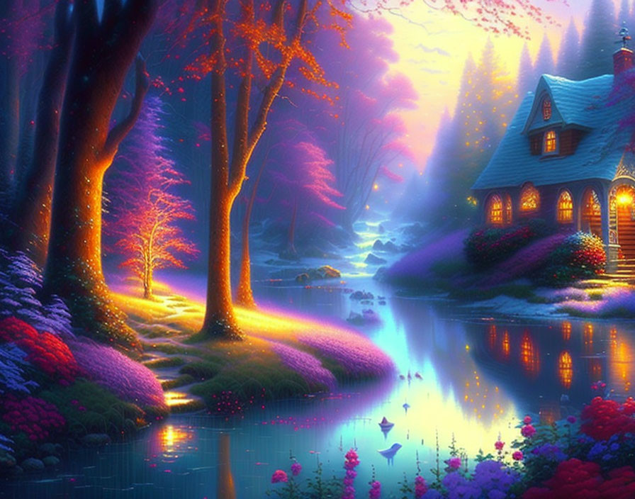 Enchanted forest scene with cozy cottage by gentle stream