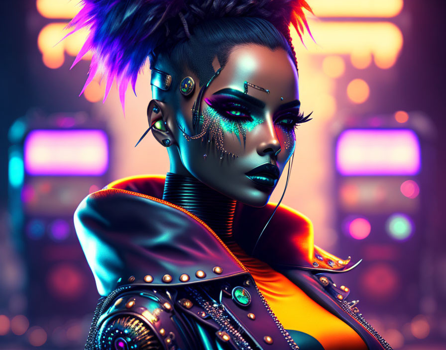 Cybernetic Woman with Purple Hair in Futuristic Cityscape