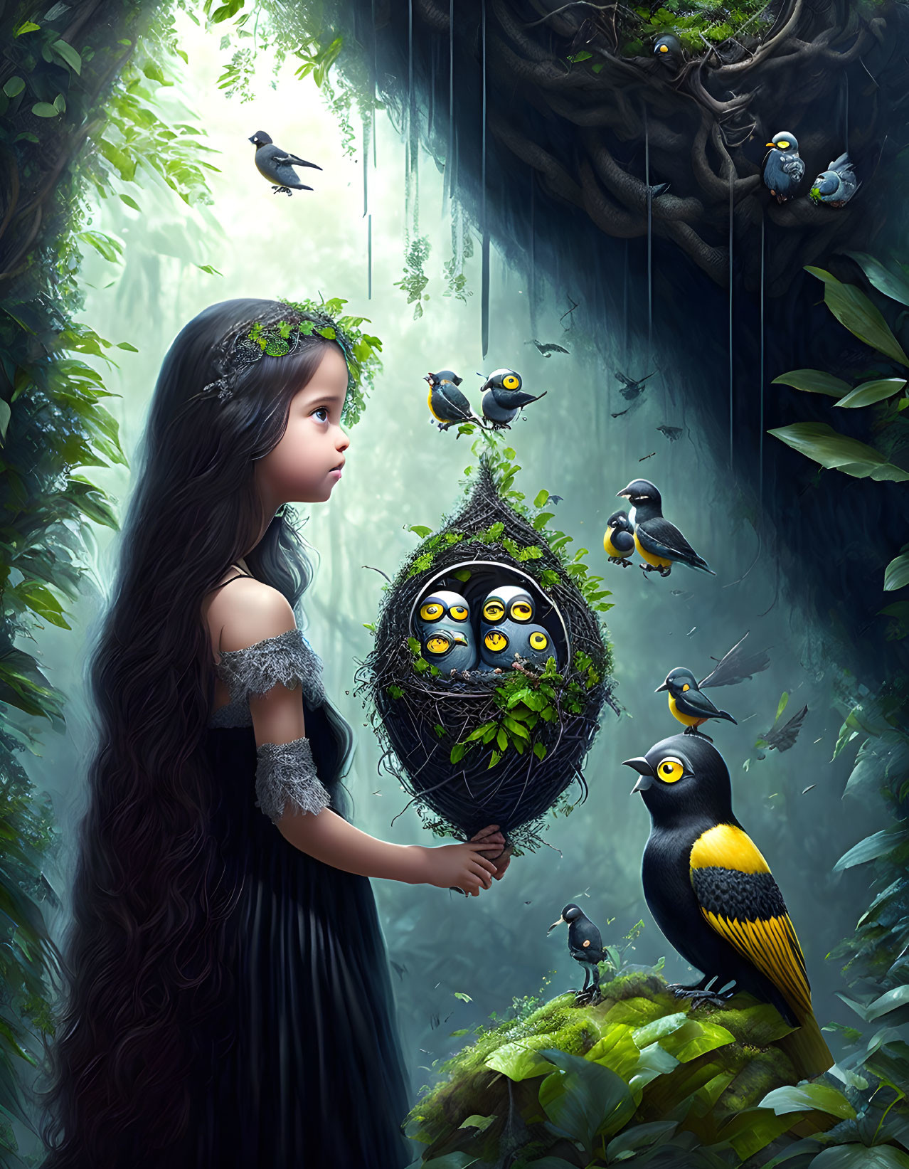 Young girl in forest holding nest with stylized bird-like creatures among lush greenery