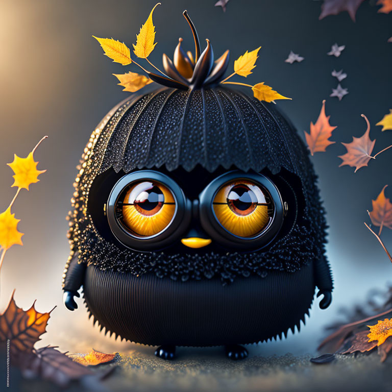 Black furry pumpkin animated character with large eyes and falling autumn leaves