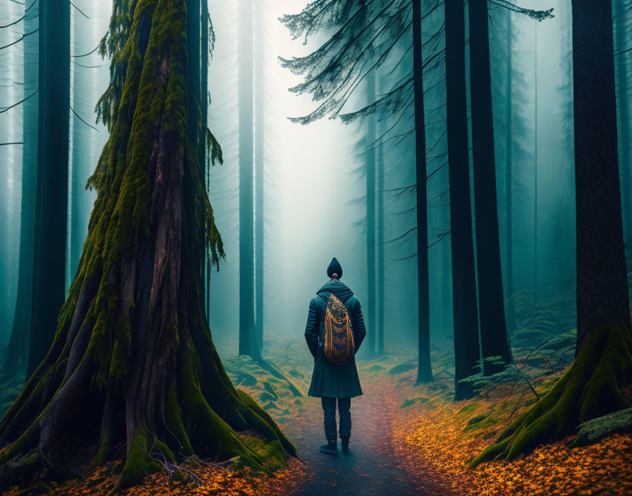 Hiker on Forest Path Among Misty Trees