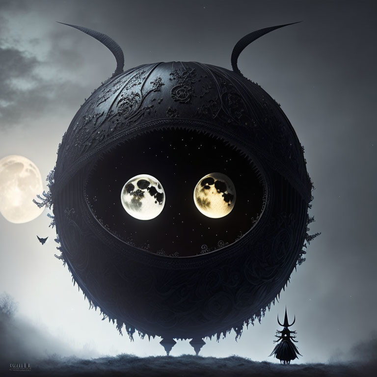 Fantastical spherical entity with horn-like protrusions and glowing eyes in dusk sky.