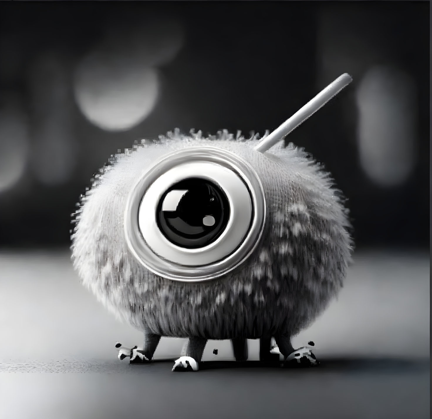 Fluffy round creature with large eye, spoon, and tiny feet in monochrome setting