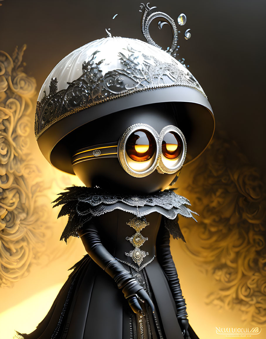 Digital rendering of character with large spherical head, silver crown, golden eyes, and elegant black outfit.