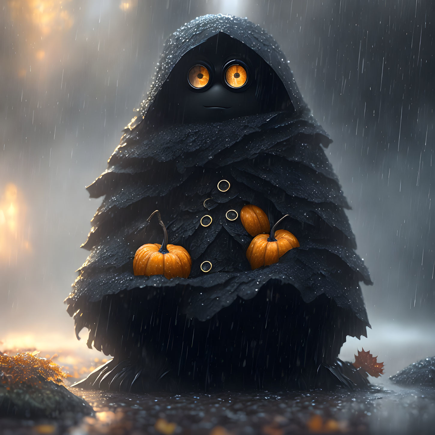 Cloaked Figure with Glowing Eyes in Rain Holding Pumpkins