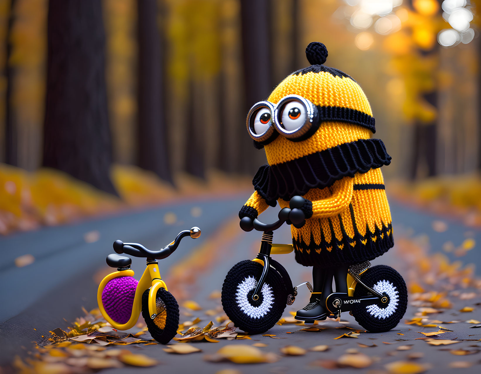 Yellow and Black Knitted Minion-Like Character with Bicycle on Autumn Path