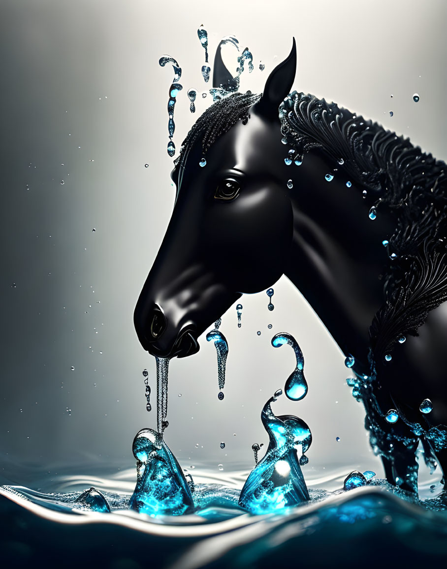 Surreal black horse with dynamic water mane and environment