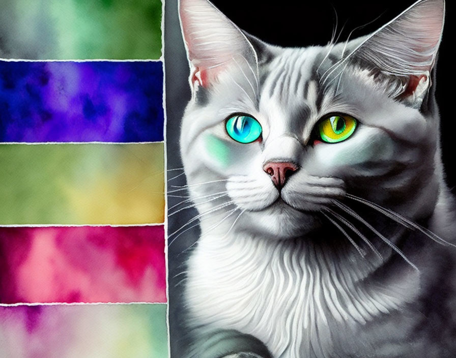 White Cat with Multicolored Eyes on Colorful Square Background