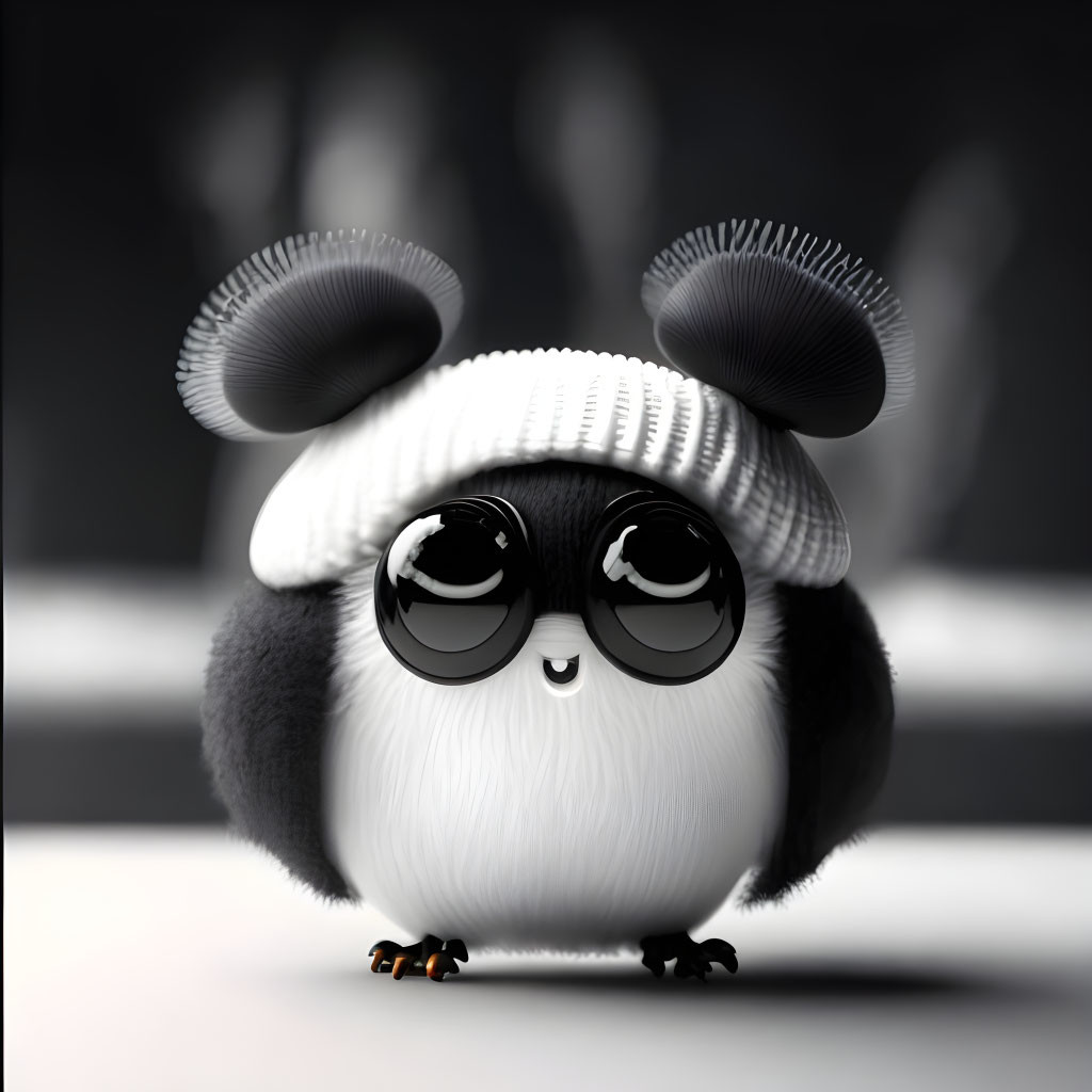 Stylized cute animal with big eyes in beanie, black and white fluffy look