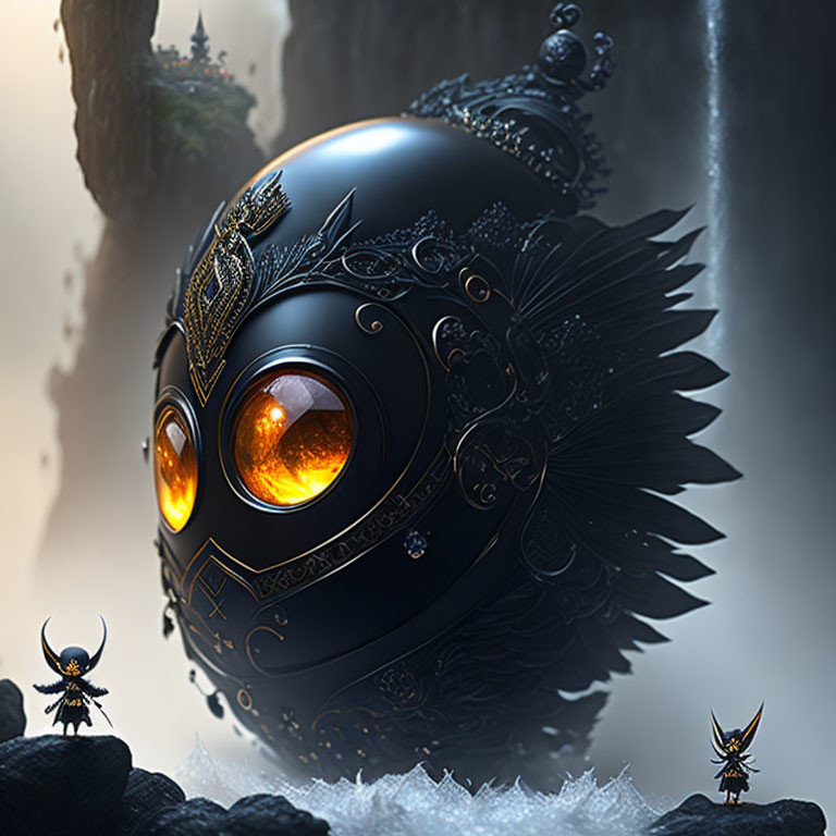 Giant black bird-like structure with golden designs and glowing eyes in misty setting