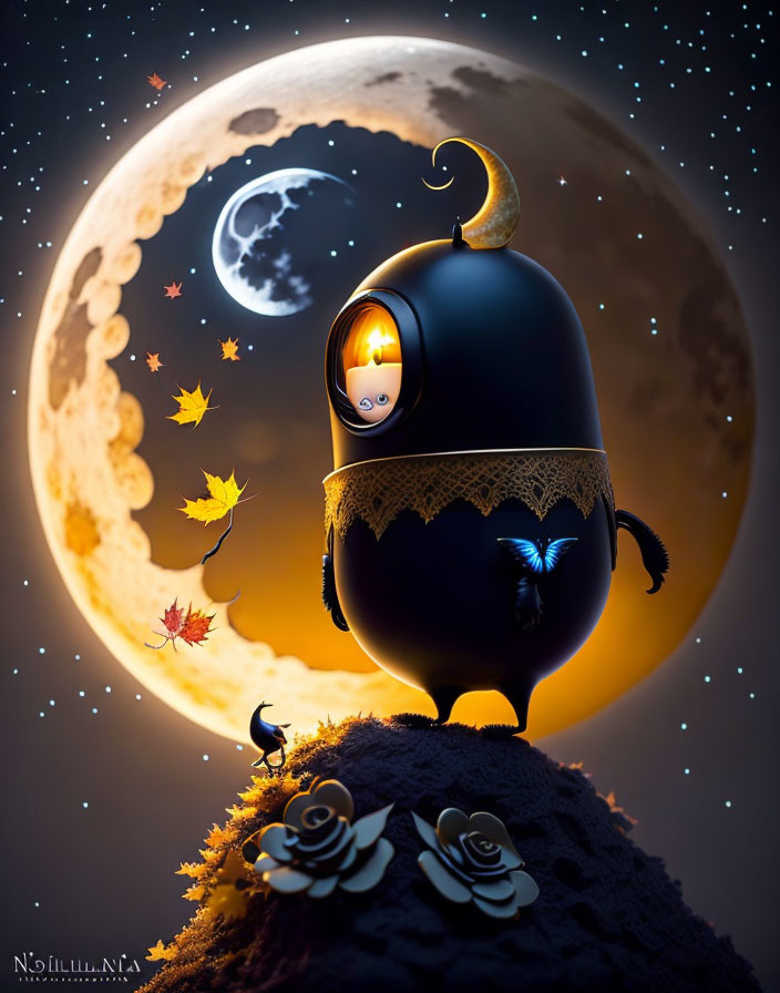 Character with moon hat on hill under starry sky with moon, leaves, and bird.