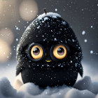 Chubby Black Owl with Golden Eyes in Moonlit Night Scene