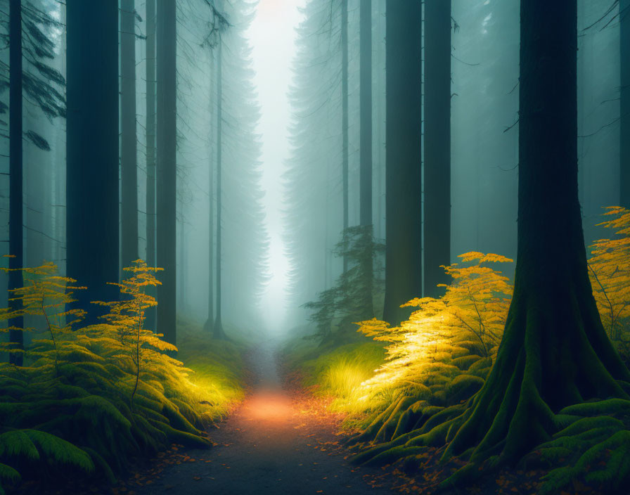 Misty forest with ferns, towering trees, and soft light