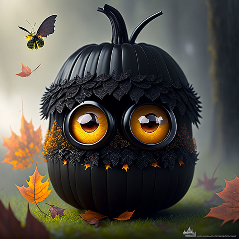 Whimsical black pumpkin with amber eyes and butterfly in autumn setting