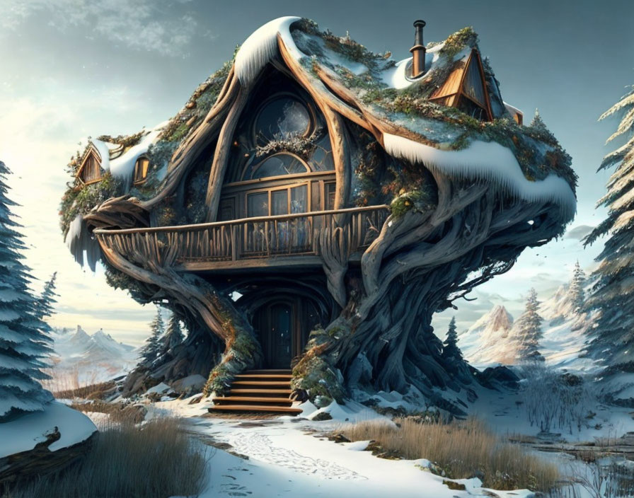 Snow-covered curved treehouse in wintry forest scene