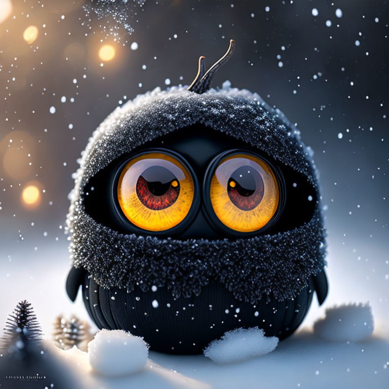 Animated snow creature with orange eyes in wintry scene