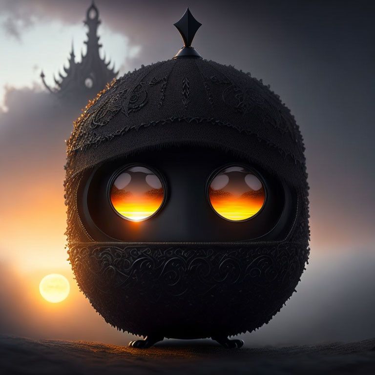 Ornate round creature with glowing eyes in front of castle silhouette