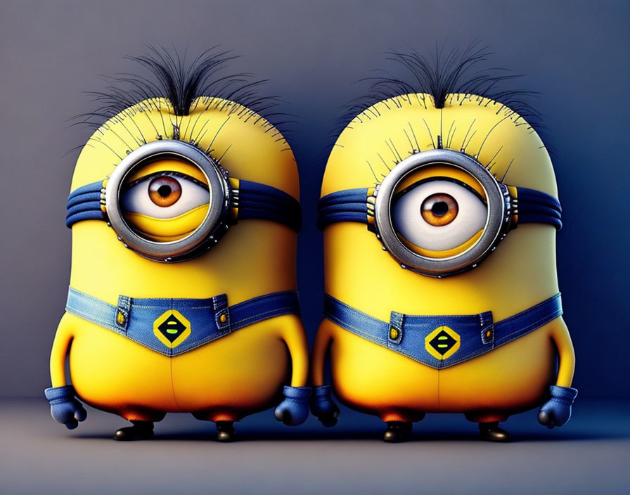 Two Minions in Goggles and Overalls on Grey Background