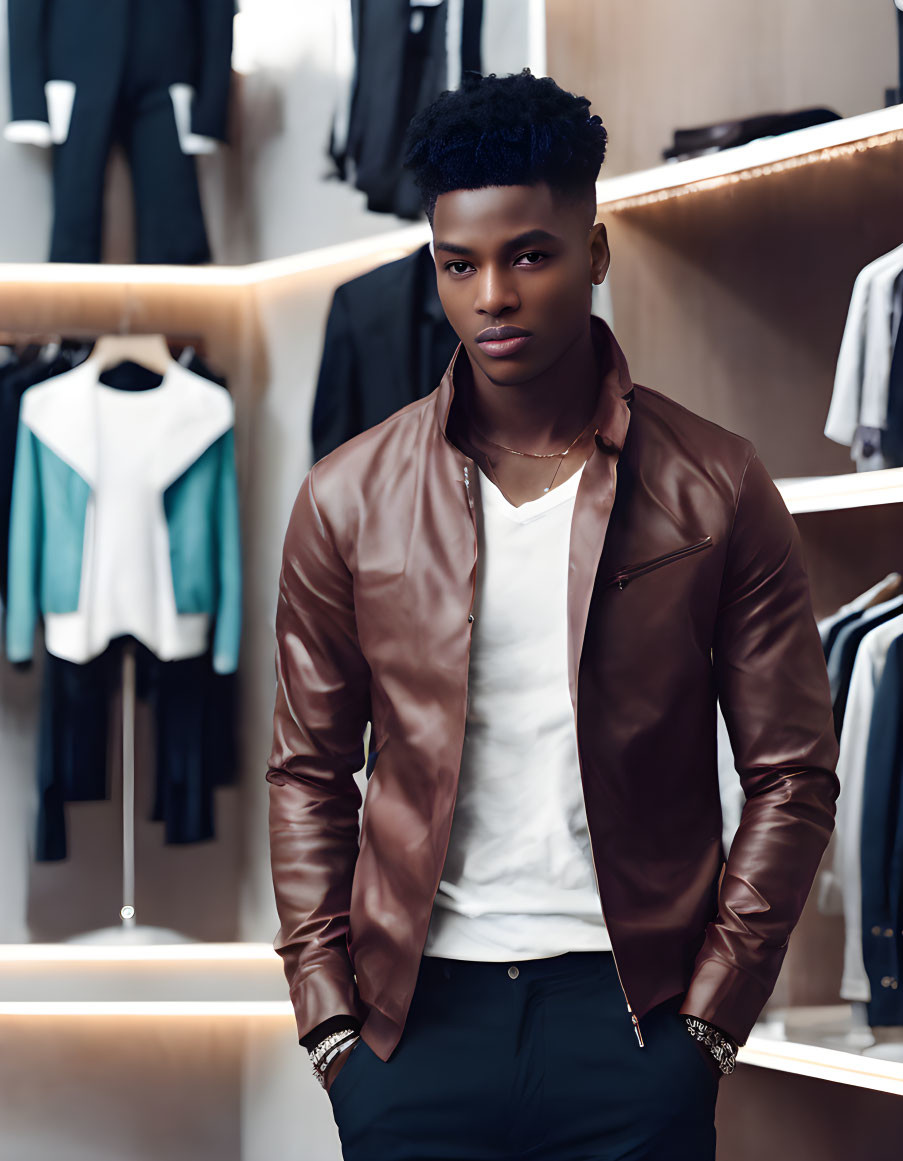 Confident man in brown leather jacket and trendy haircut in clothing store