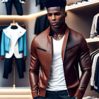 Confident man in brown leather jacket and trendy haircut in clothing store